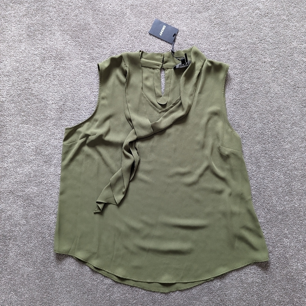 DKNY forest green sleeveless blouse with built-in tie women's XXL NEW